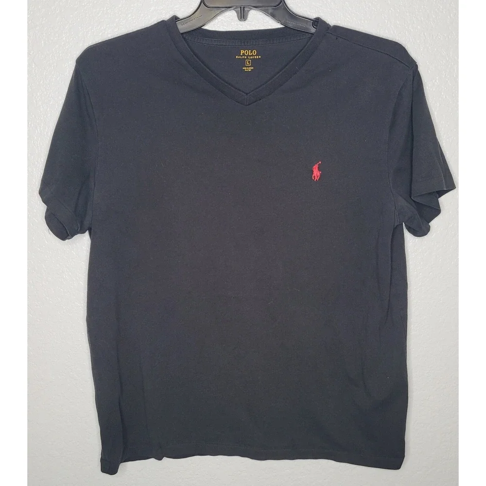 Men's Polo Ralph Lauren Size‎ Large Black Short Sleeve V Neck 100% Cotton Shirt